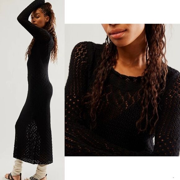 NWOTFree People Dia Crochet Black Midi Dress, SMALL